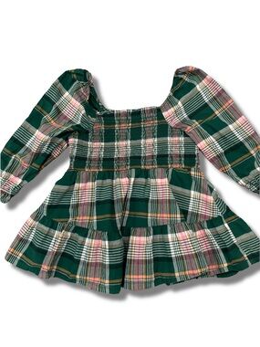 Crown & Ivy Kids XL Girls Green & Pink Plaid Smocked Top Puff Sleeves Cotton